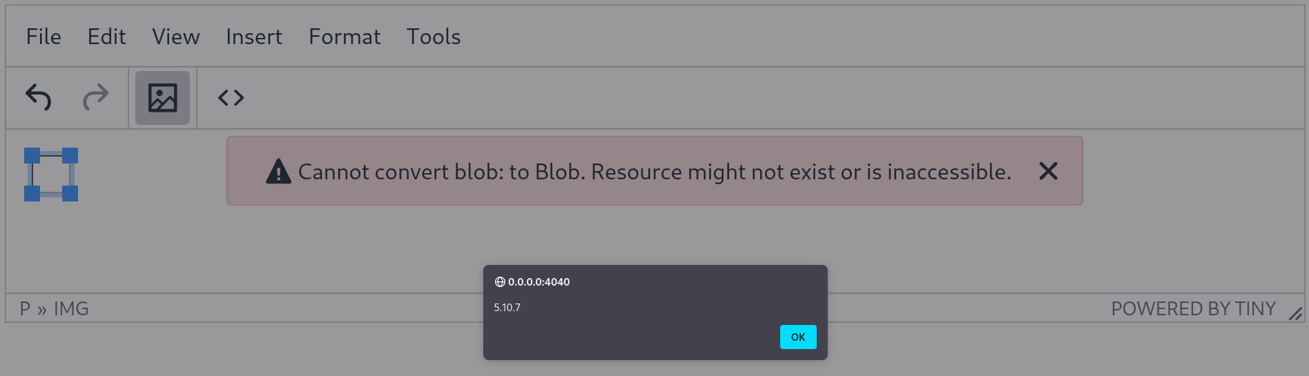 XSS alert box showing TinyMCE version 5.10.7